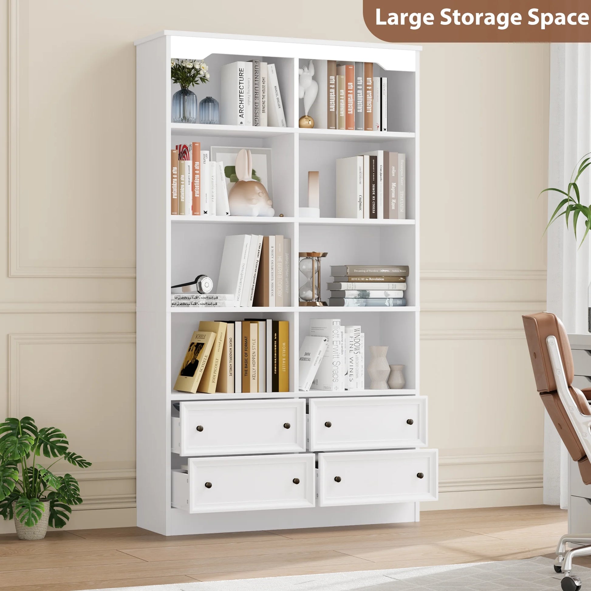 Homfa Double Row 6 Tier Bookcases, 71 in Tall Bookcase Bookshelf with 4 Drawers and 8 Display Cubicles, for Home Office Living Room, White