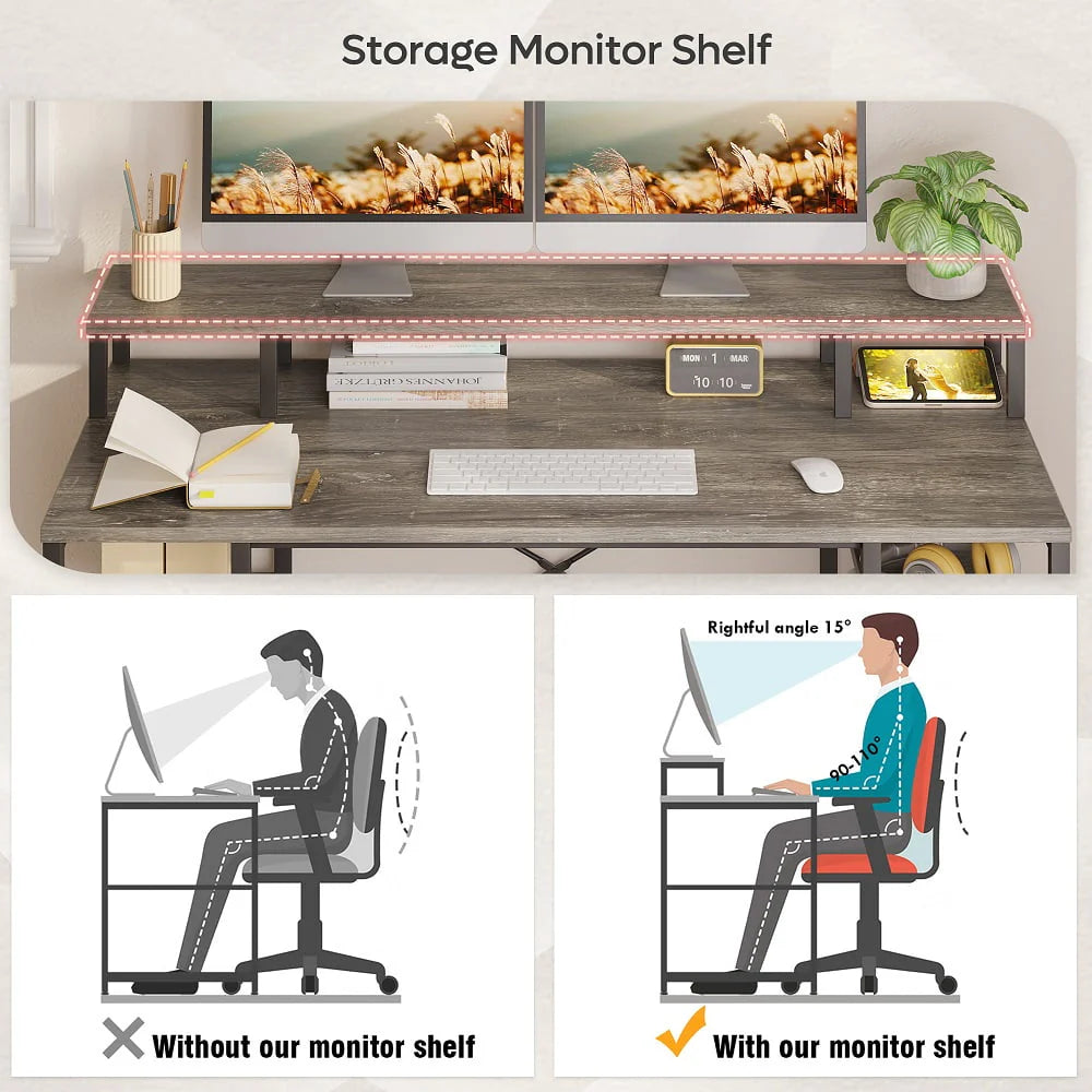Bestier 55 inch Computer Desk with Monitor Shelf Home Office Desk Grey