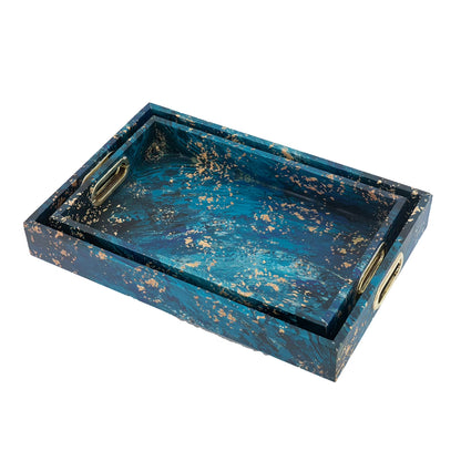 A& B Home Decorative Tray with Handles - Modern Minimalist Style Faux Leather Set of 2 Perfume Tray for Ottoman Couch Centerpiece Table Decor, Blue