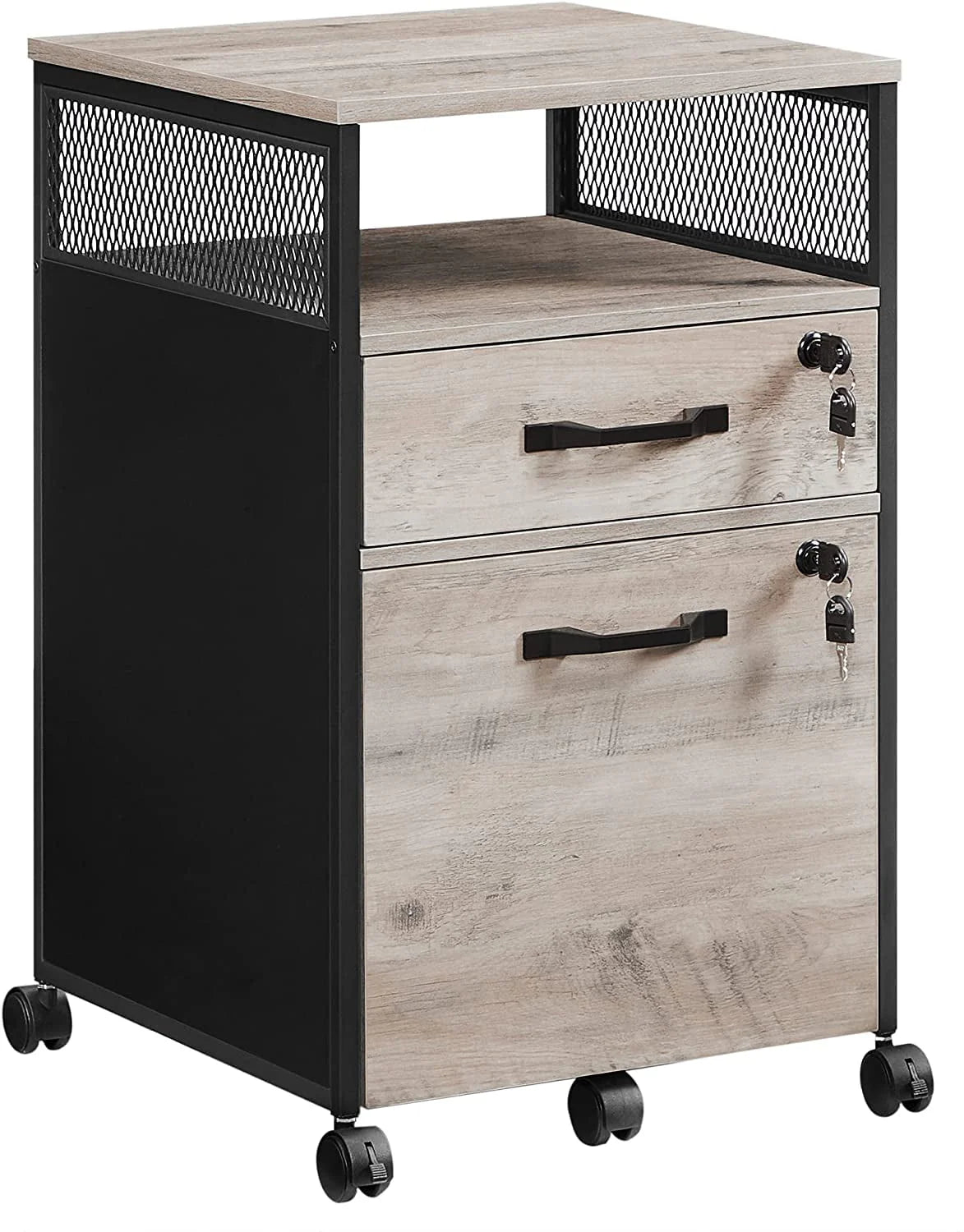 VASAGLE File Cabinet with Lock Filing Cabinet with 2 Storage Drawers for Home Office Open Shelf Greige and Black