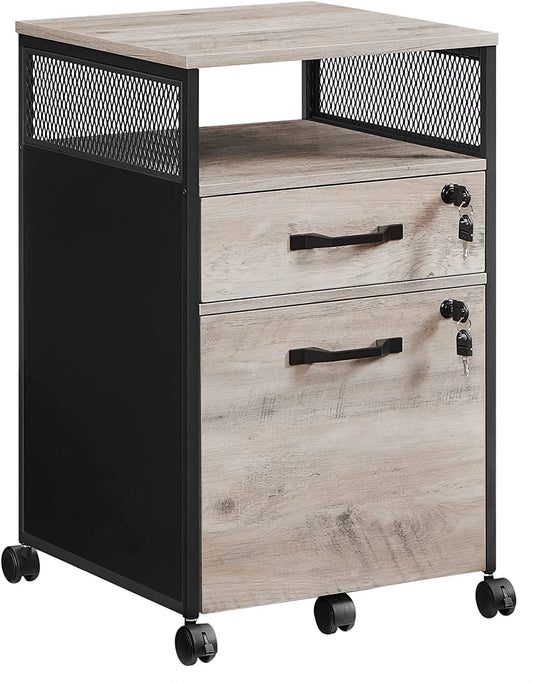 VASAGLE File Cabinet with Lock Filing Cabinet with 2 Storage Drawers for Home Office Open Shelf Greige and Black