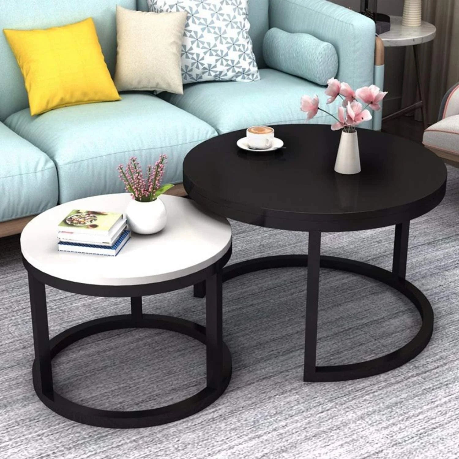 2 Round Tea Table Coffee Table Desk Sets | Black & White - Twin Sets Multi Function Wood & Steel Living Room Home Decor Polished Surface Overlapping Ending Tables Cocktail Table