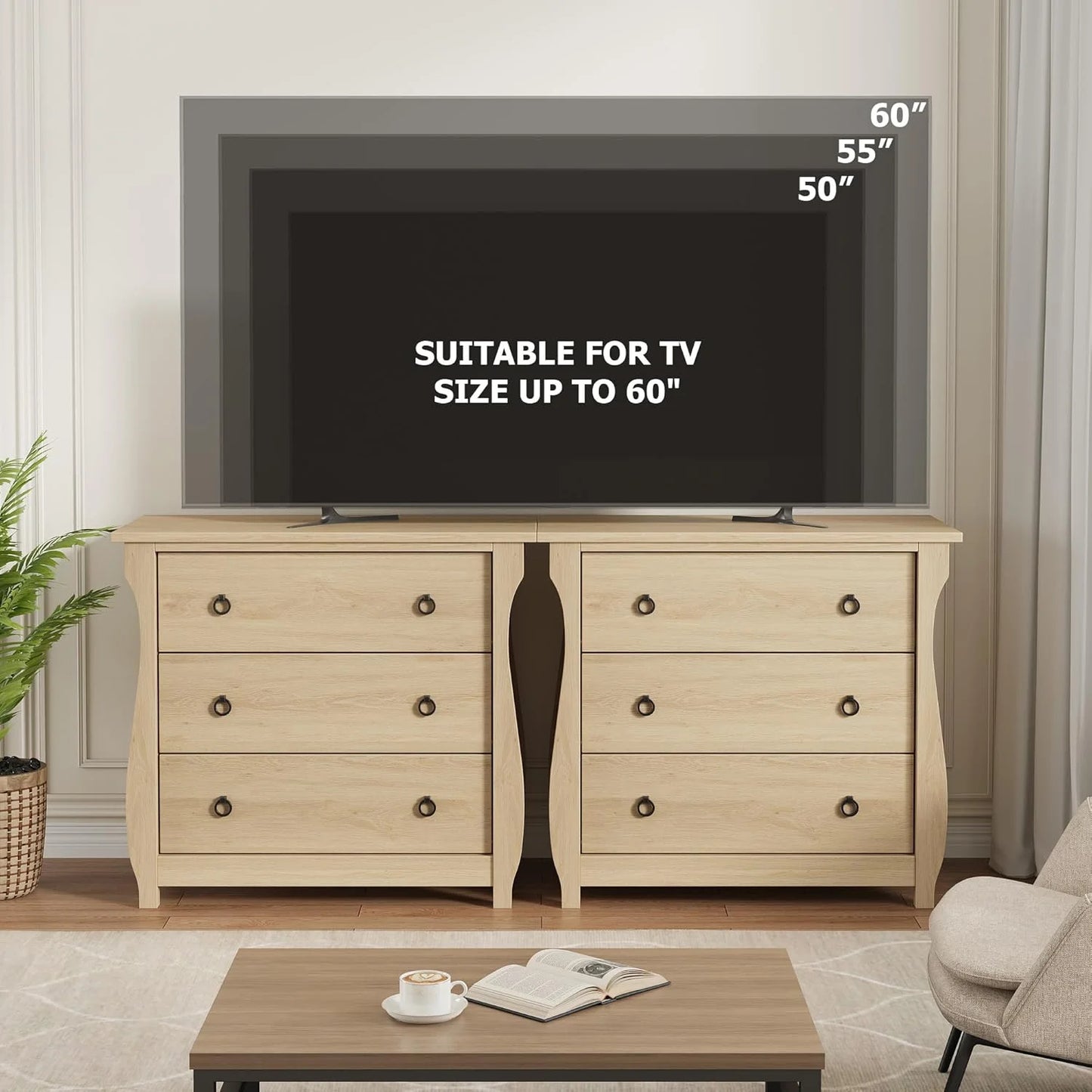M optimized Wood 3-Drawer Dresser, Boho Dresser with Curved Legs, Rattan Accents, and Freestanding Storage for Living Room, Bedroom, Entryway, or Balcony