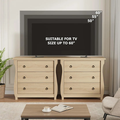 M optimized Wood 3-Drawer Dresser, Boho Dresser with Curved Legs, Rattan Accents, and Freestanding Storage for Living Room, Bedroom, Entryway, or Balcony