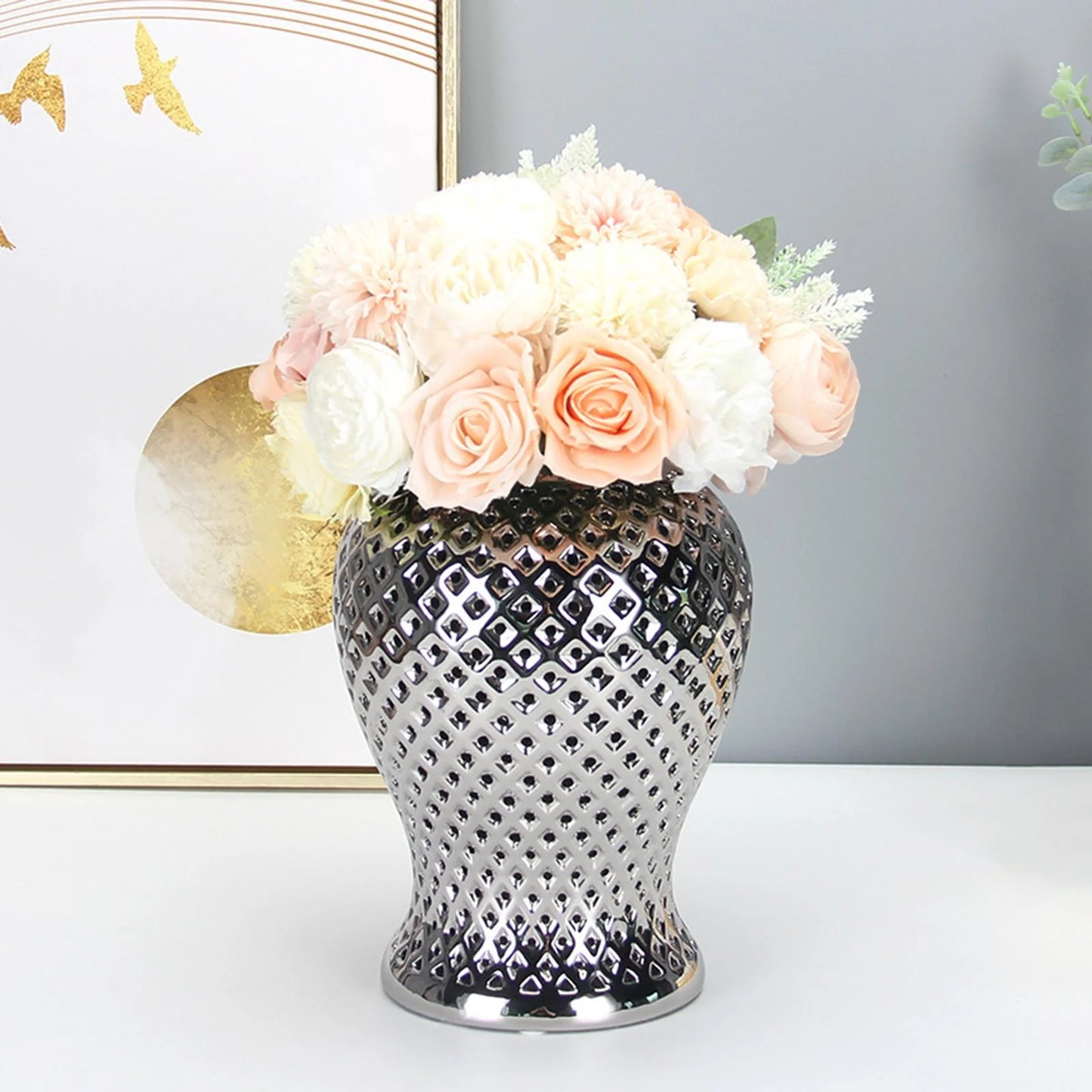 Vintage Style Ceramic Ginger Jar Dried Flower Vase Porcelain Storage Jar with