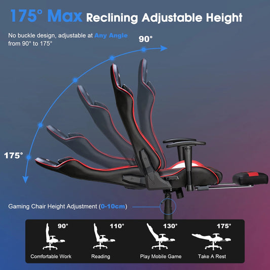 Douxlife 7-Point Massage Gaming Chair with Footrest, 175° Reclining, Ergonomic Racing High Back Home Office Computer Chair, Video Game Chair for Adults Kids