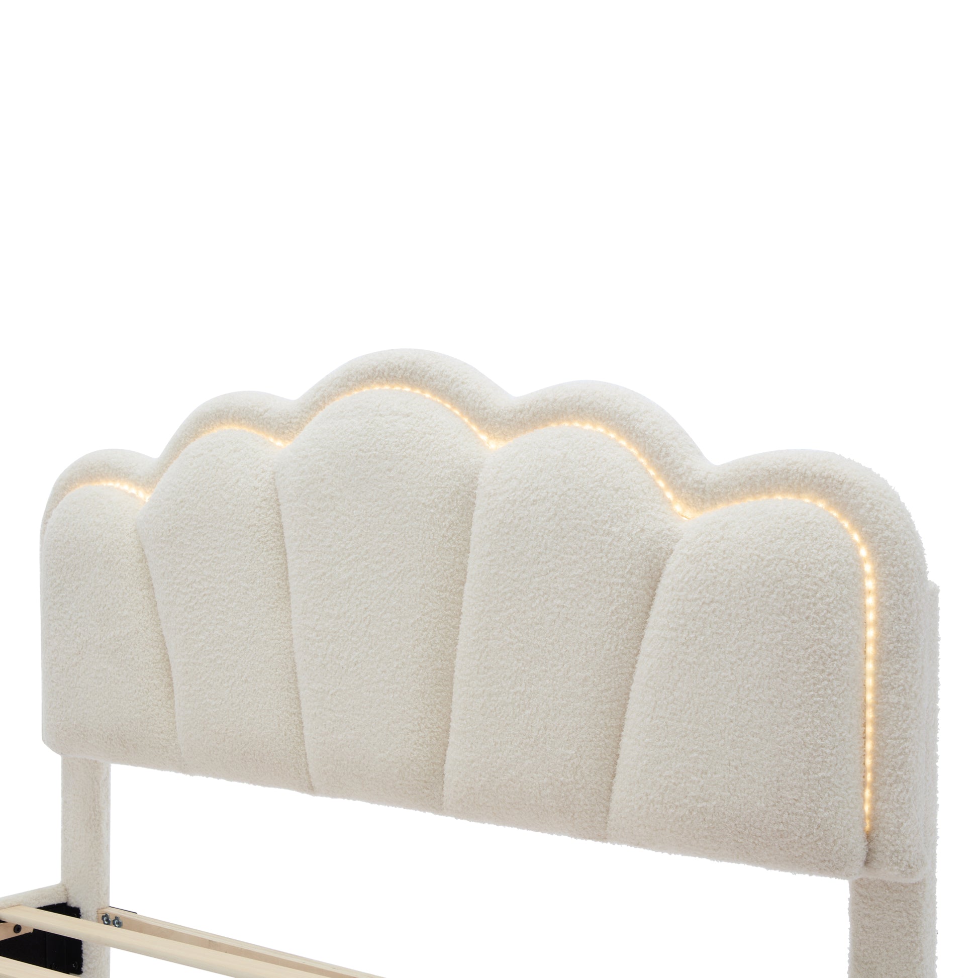 Euroco Upholstery Full Size Platform Bed with Flower-Shaped Headboard and LED Light for Kids Bedroom, Beige