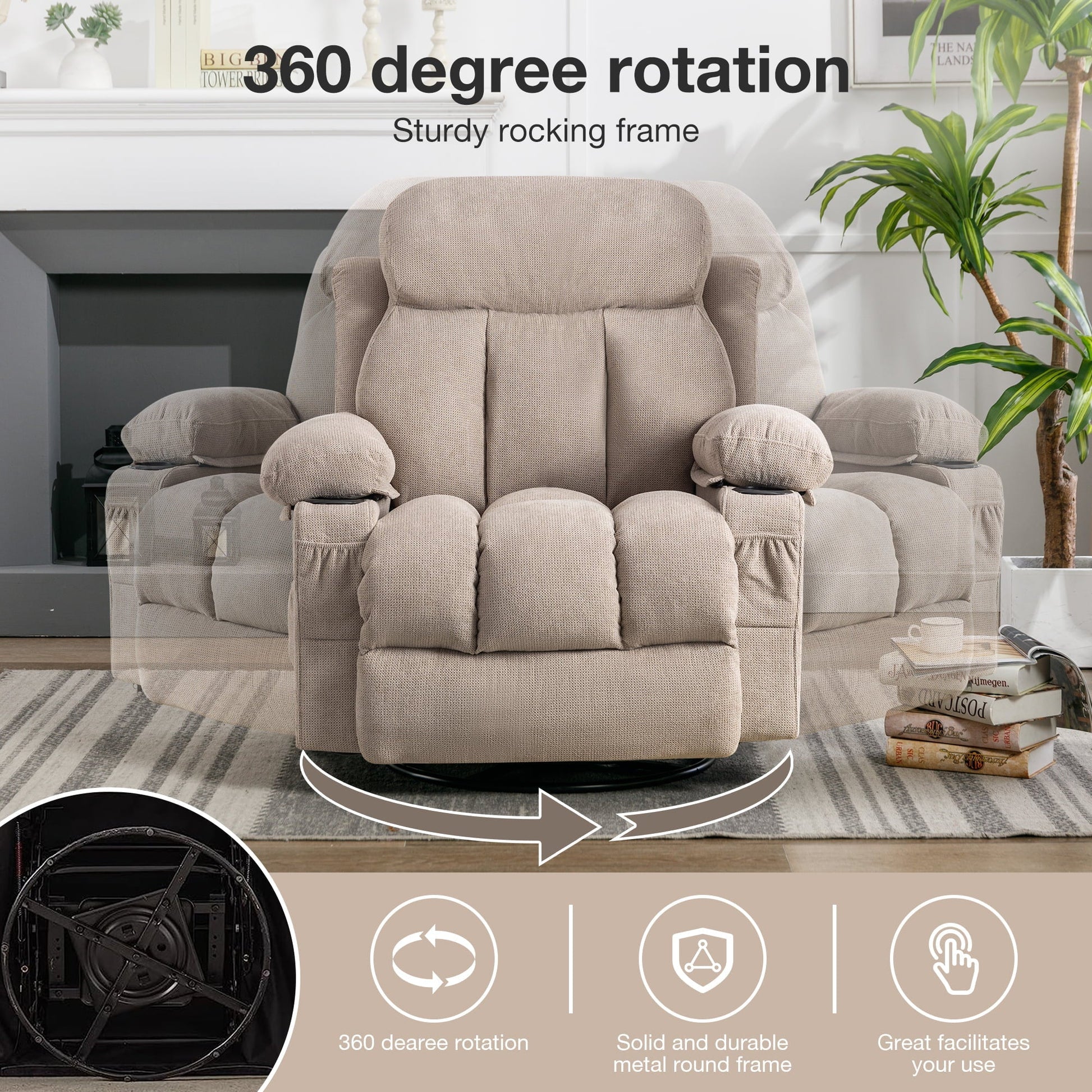 SYNGAR Manual Recliner Chair with Heat and Massage Function, Fabric Upholstery Recliner for Home Living Room Bedroom Nursery, Swivel Rocker Sofa Chair with USB Port and 2 Cup Holders, Beige