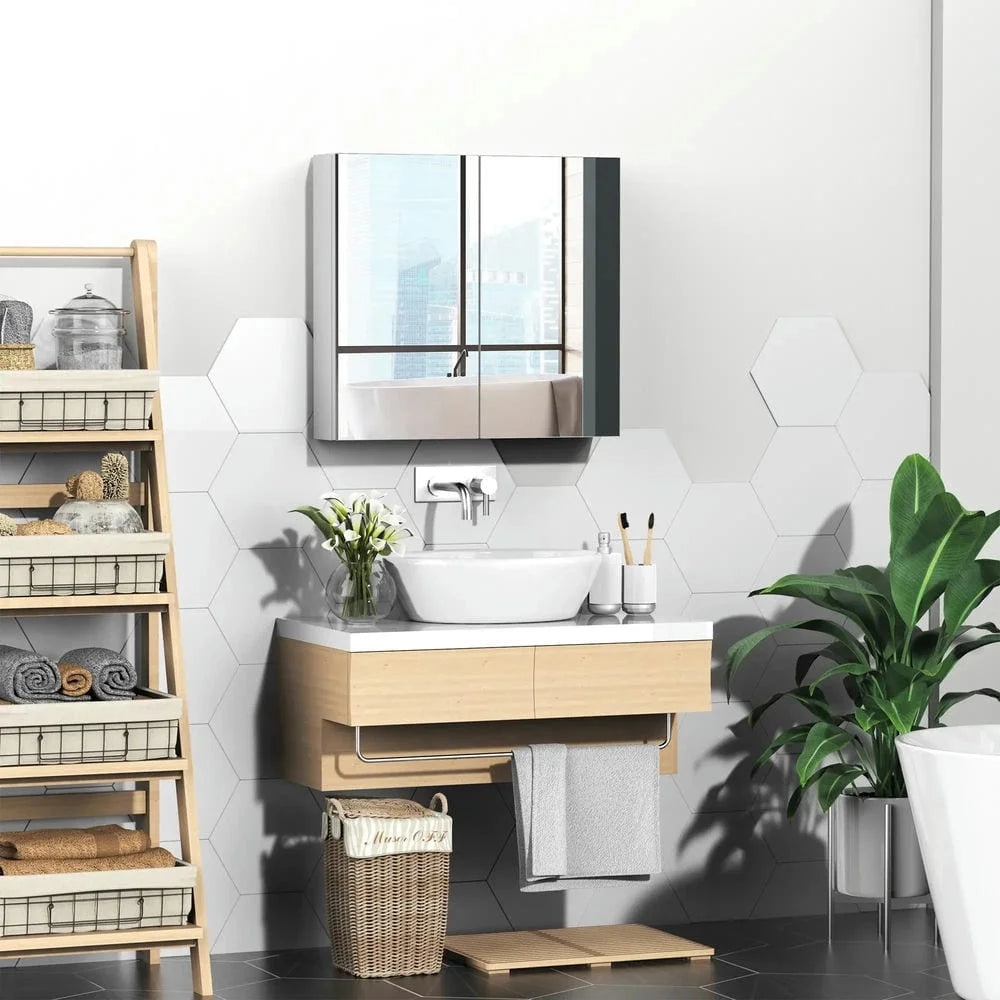 Spaco Bathroom Mirrored Cabinet with Double Doors, 24"x22" Steel Frame Medicine Cabinet, Wall-Mounted Storage Organizer, White