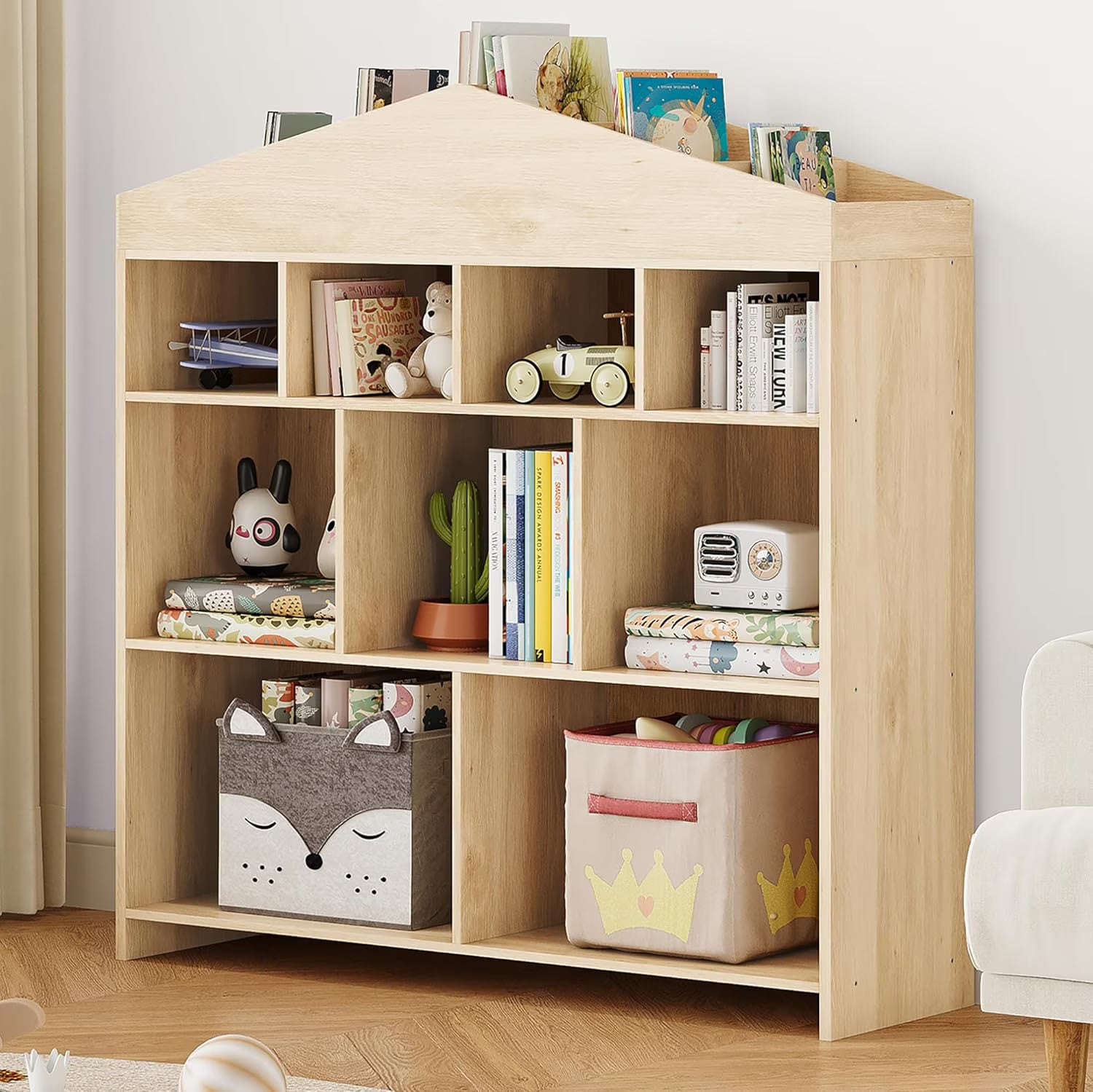 DSstyles Kids Bookshelf 9-Cubby Toy Storage Organizer White Bookcase Toddlers Playhouse Cabinet Shelf for Boys Girls Wooden Storage Toy Shelf for Playroom, Nursery, Kids Room