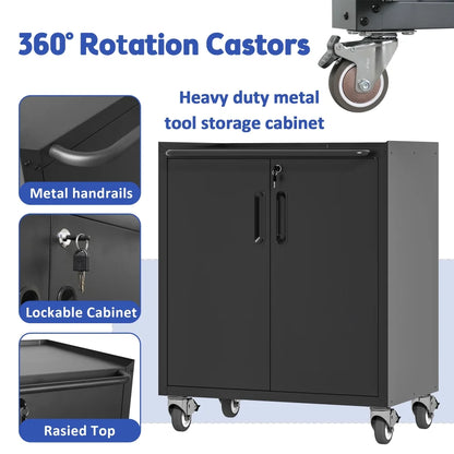 Tcbosik Rolling Storage Cabinet with Storage, Metal Tool Cabinet with Adjustable Shelf and 2 Doors, Lockable Storage Cabinet for Home Office Garage Basement, Black