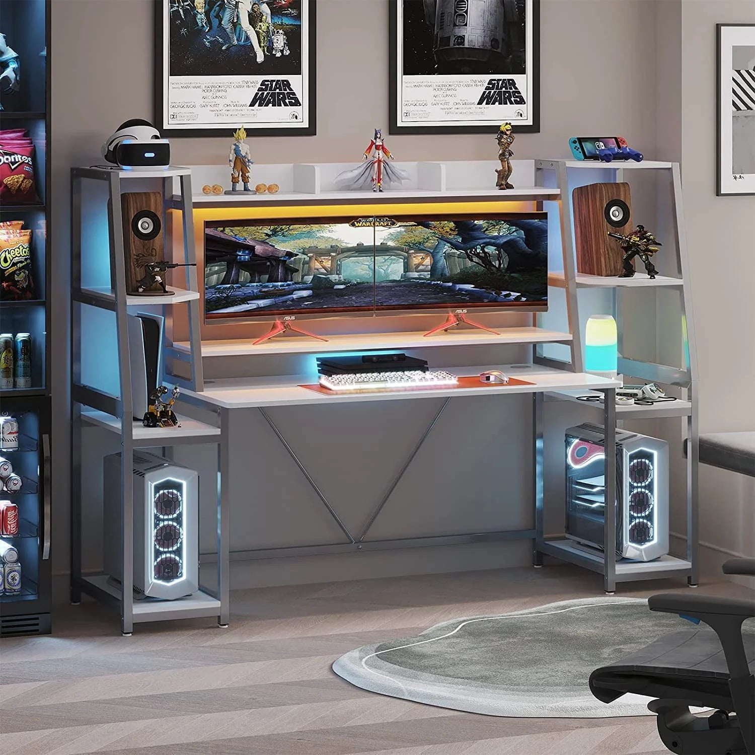 White Gaming Desk with LED Lights 78.8'' Computer Desk with Hutch & Monitor Stand Ergonomic Home Office Desk Table for Bedroom Living Room