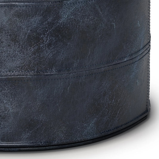 Simpli Home Connor Boho Round Pouf in Navy Blue Genuine Leather