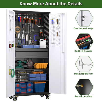GAEANET 71" H Metal Storage Cabinet on Wheels with Pegboards & Drawer,Lockable Rolling Steel Tool Chest Cabinet for Garage,Warehouse,Home Office,Assembly Required,Black+Gray
