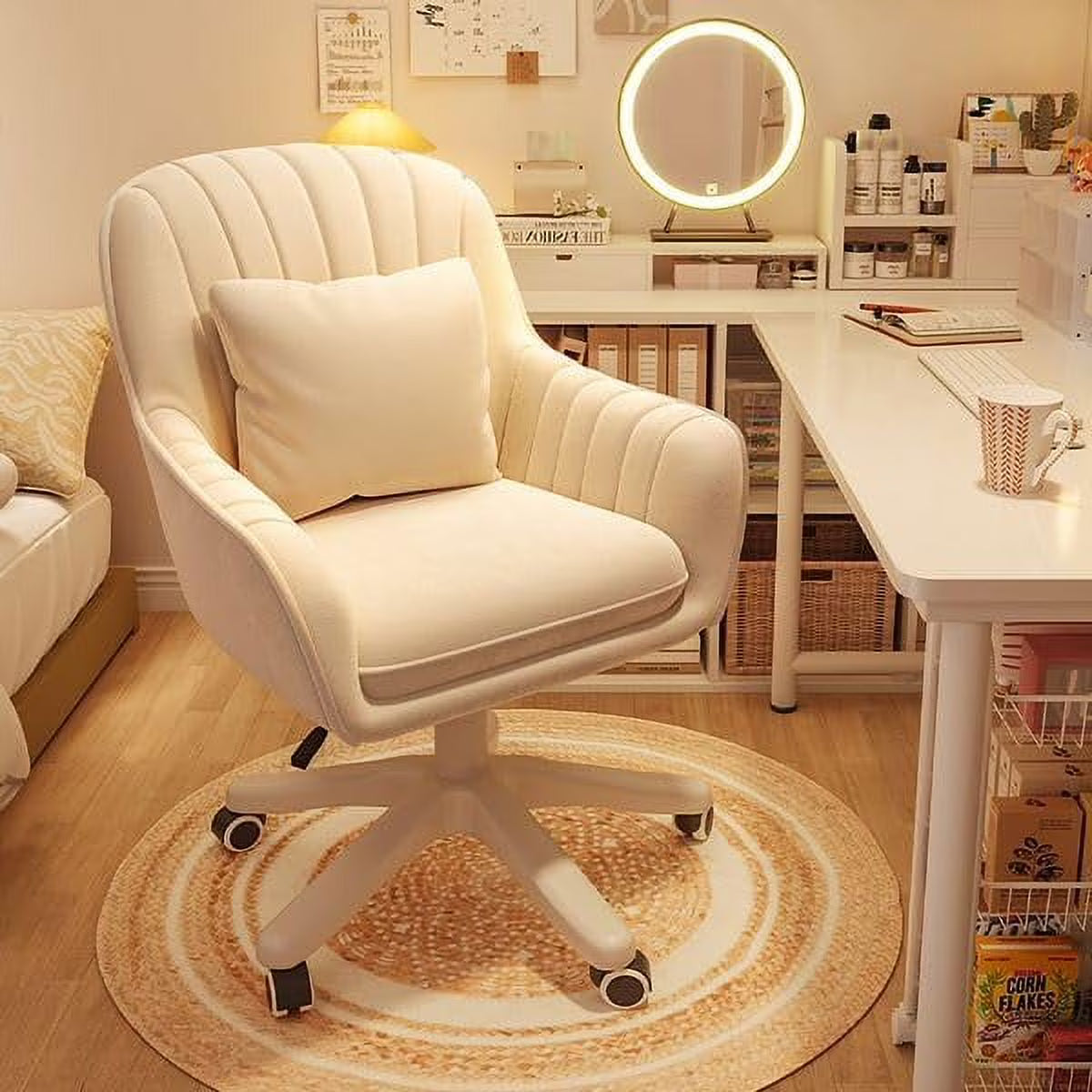 Home Office Chair Computer Chair with Mid-Back Upholstered Modern Tufted Computer Task Chair Swivel Height Adjustable Velvet Accent Chair.White