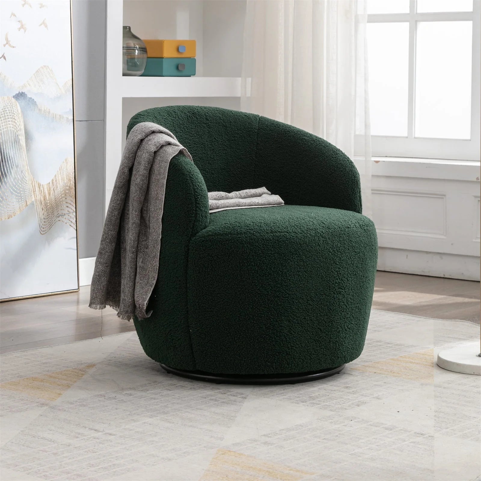 Swivel Barrel Chair, Modern Teddy Fabric Swivel Accent Barrel Chair Armchair, Upholstered Cozy Club Chairs Sofa Arm Chair for Nursery, Bedroom, Office, Hotel, Dark Blue