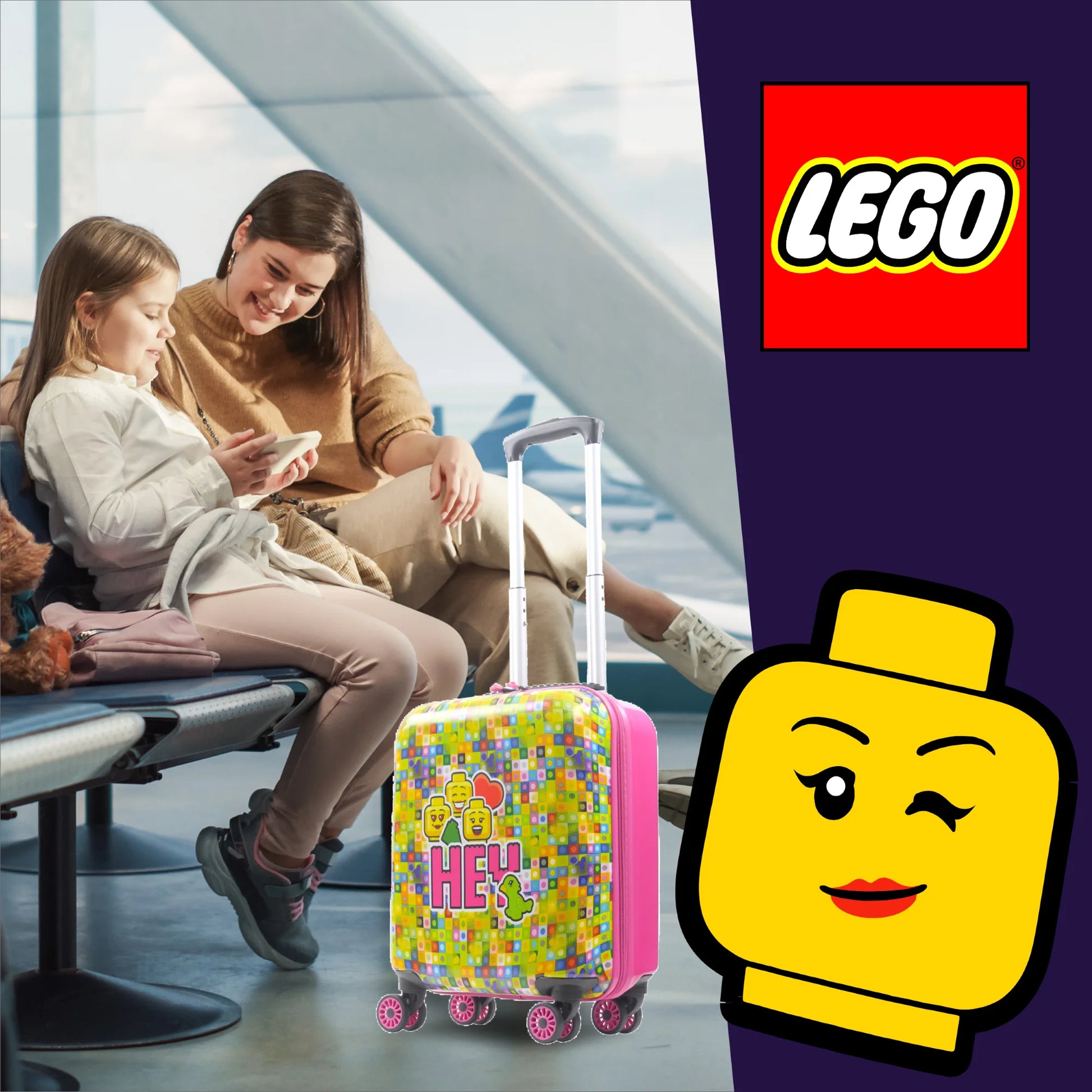 LEGO 18 Inch Kids Rolling Luggage, Play Date Hardshell Carry On Suitcase with Spinner Wheels, Multi
