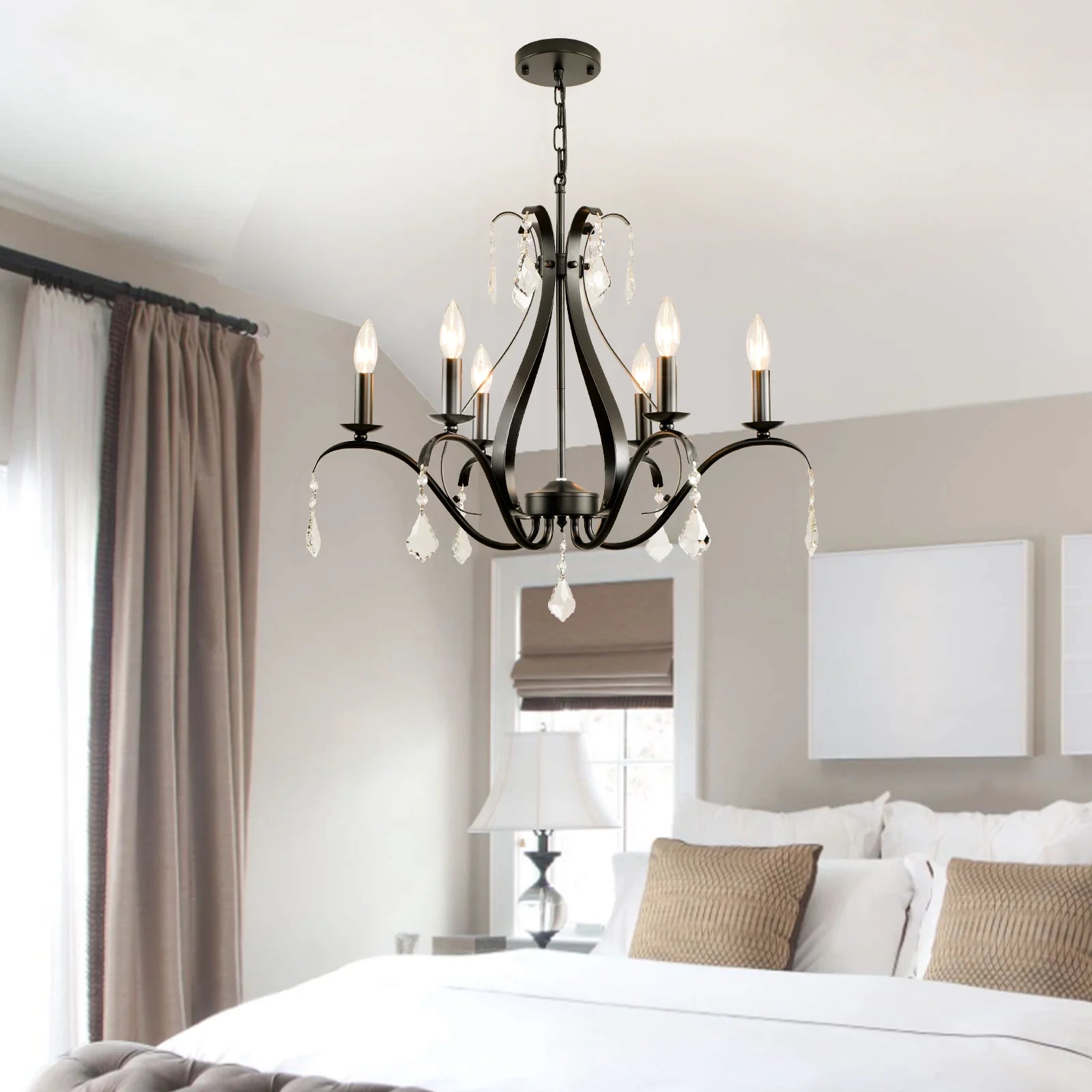 Magic Home 6-Light Modern Farmhouse Chandelier,Classic Candle Ceiling Pendant Light Fixture,Black