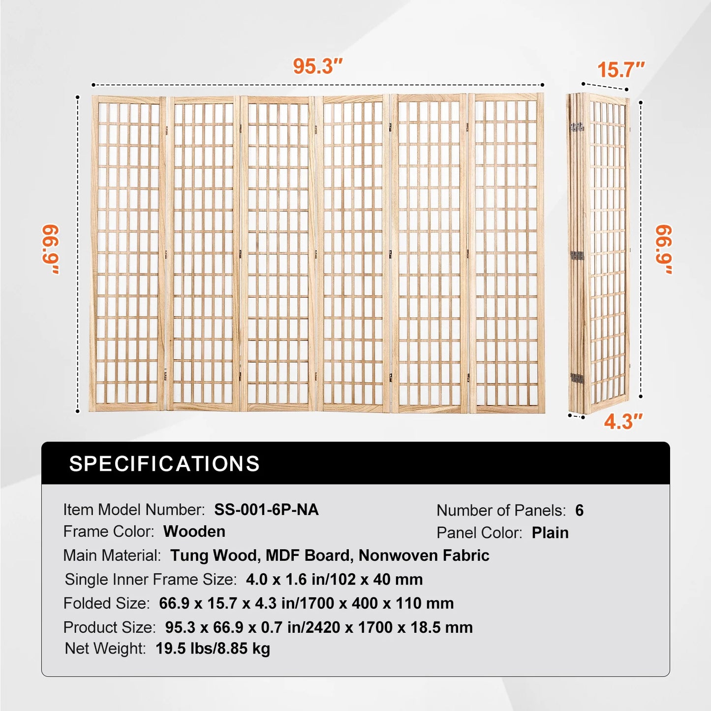 KFFKFF Space Separator, 6-Panel Oriental Style Room Separator, Wooden Foldable Indoor Privacy Barrier, Oriental Style Portable Decorative Panels, Ideal for Home Office, Dining Area & Sleeping