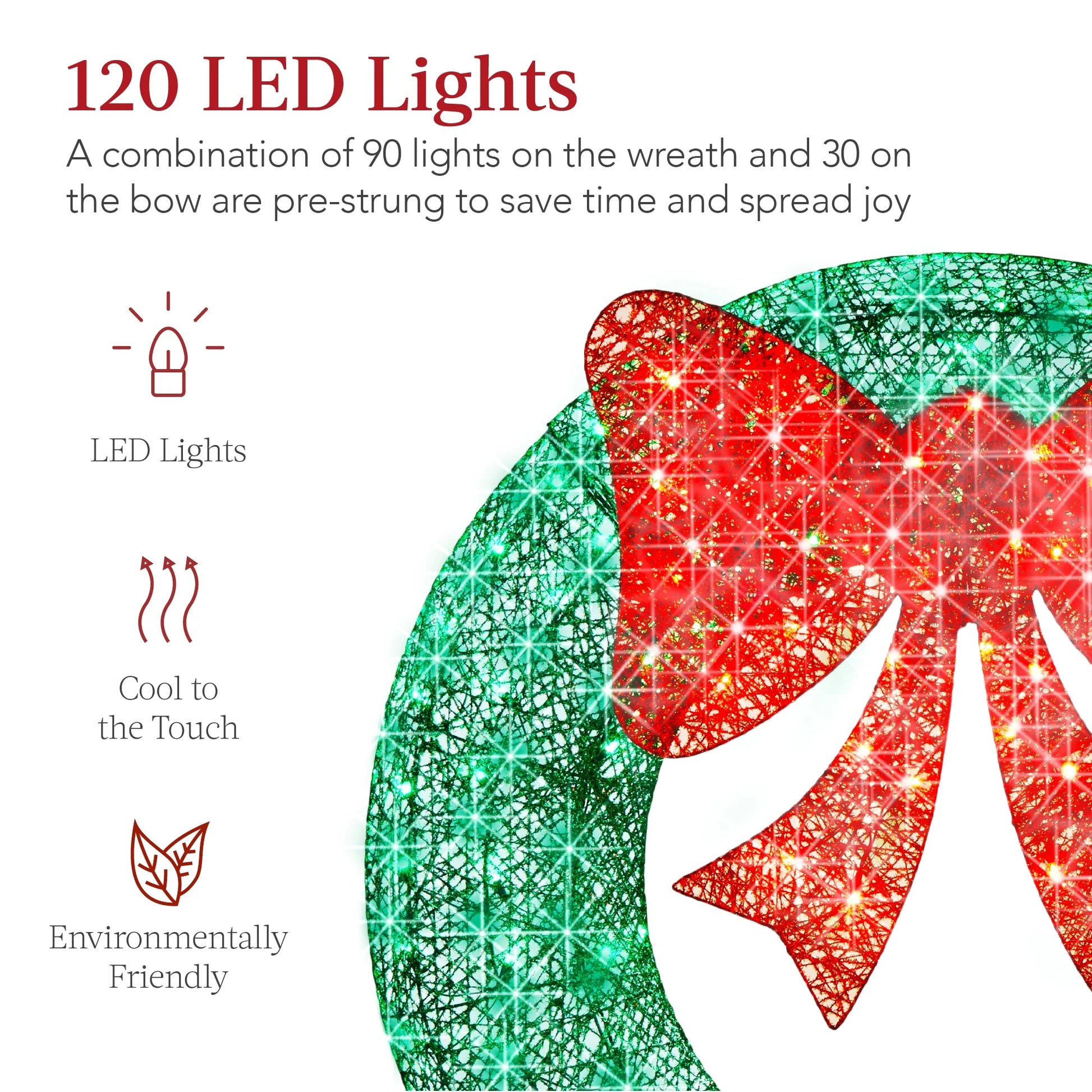 Best Choice Products 36in Pre-Lit Outdoor Christmas Wreath, LED Metal Holiday Decor w/120 Lights, Bow - Green/Red