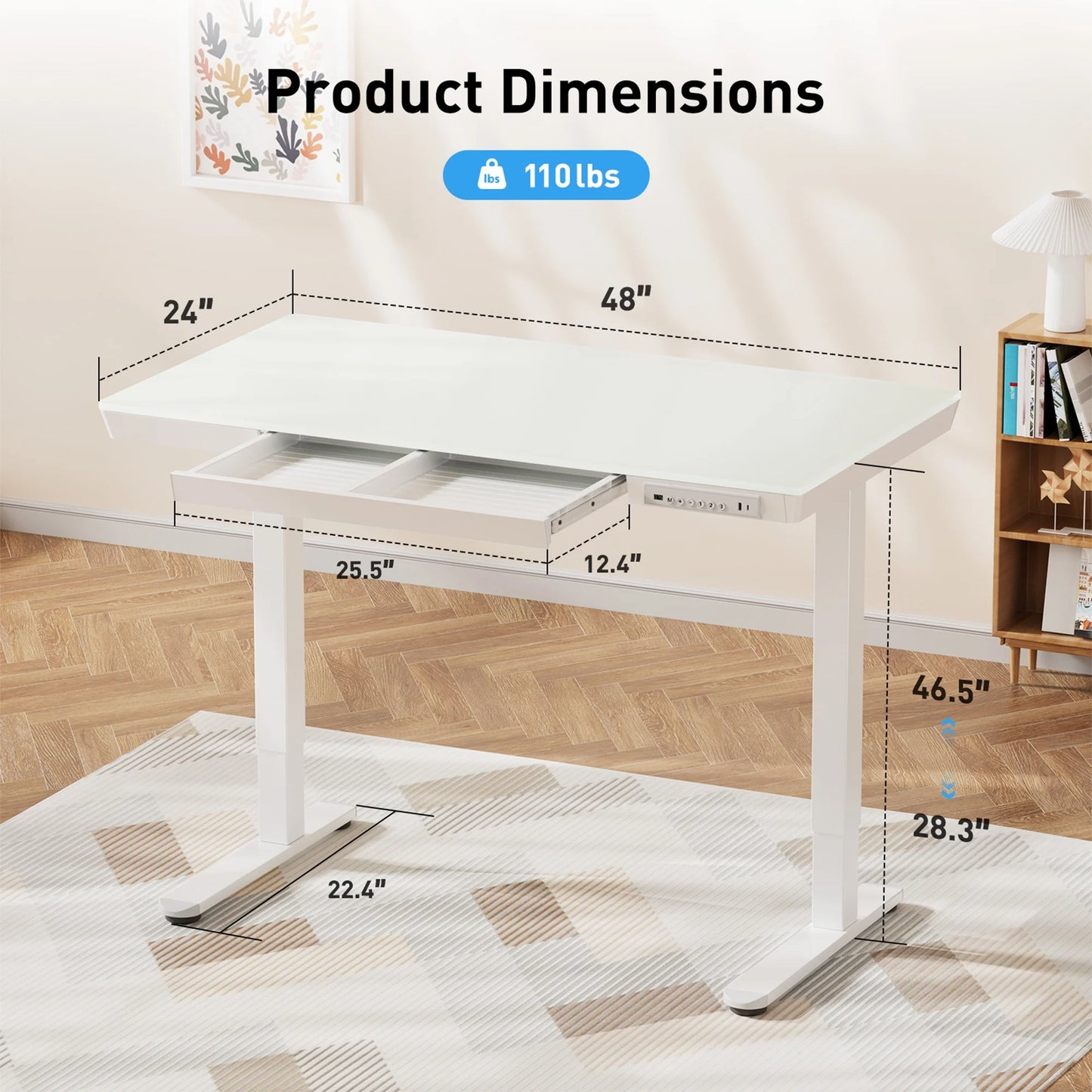 CHITOOMA Glass Top Electric Standing Desk with Drawer, 48'' x 24'' Electric Height Adjustable Desk with USB Charging Ports, Sit Stand up for Home Office