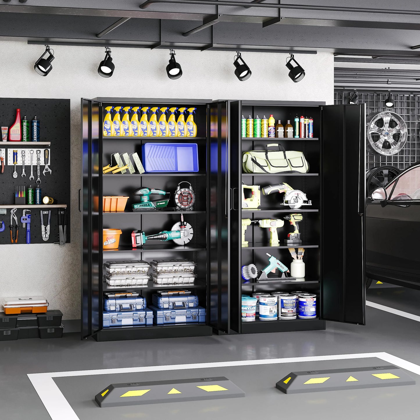 Fesbos Metal Garage Storage Cabinet,Tall Black Cabinet with Doors and Adjustbale Shelves,Lockable Tool Cabinet for Garage, Basement, Home Office