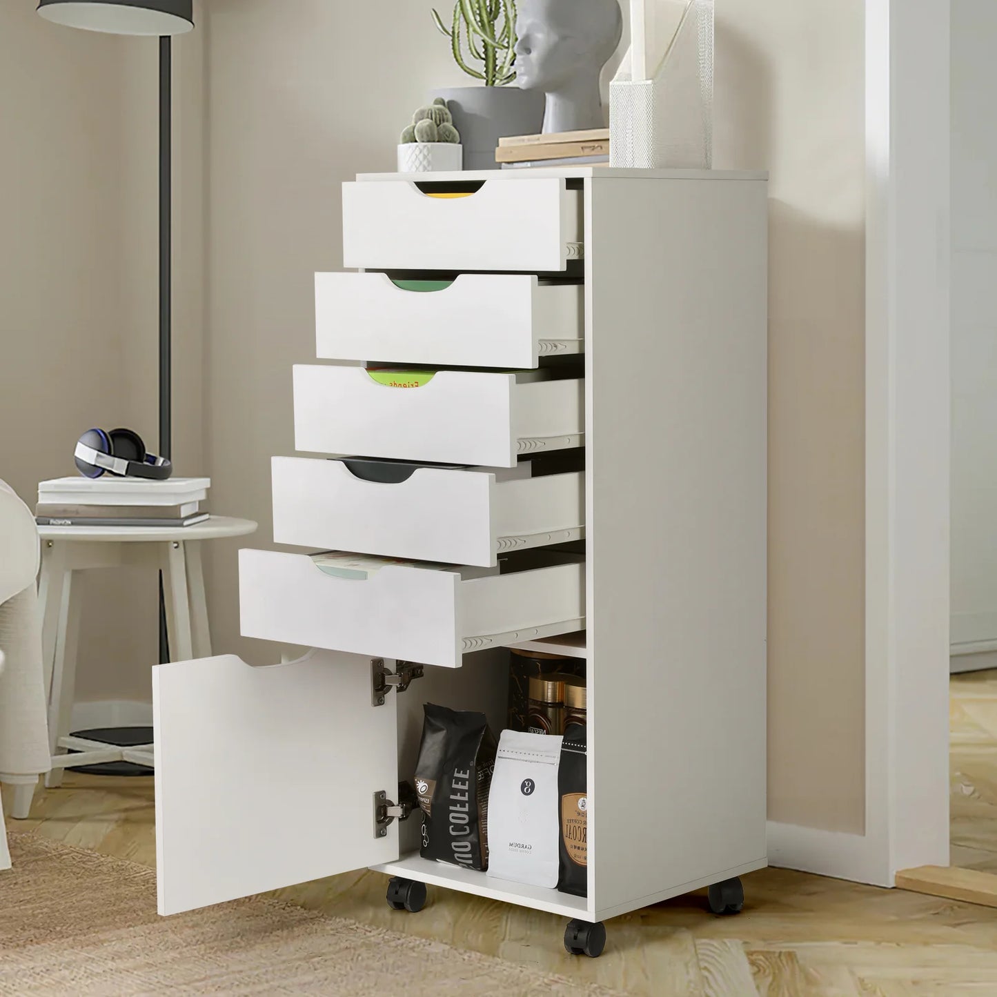 RichYa 5-Drawer Dresser with Caster Wheels, Chest of Drawers with Bottom Cabinet Storage,Storage Cabinet for Bedroom,Home Office (White)