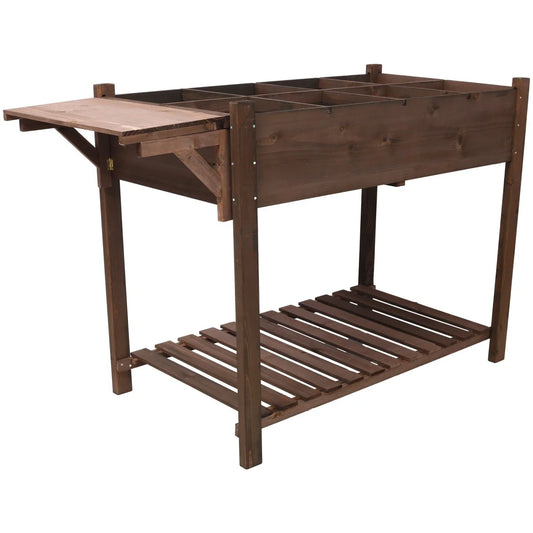 IVV Elevated Wooden Raised Garden Bed - 8 Grid Planter Box with Folding Side Table and Storage Shelf, Fabric Liner & Drainage Holes for Vegetables, Herbs, and Flowers - Dark Brown