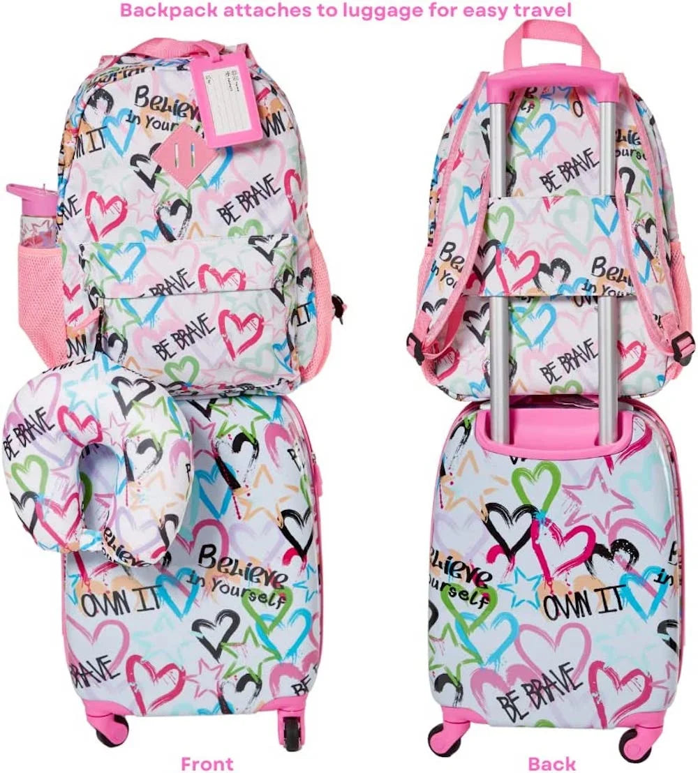 Kids Luggage Girls Suitcase Set Backpack Neck Pillow Water Bottle and Luggage Tag 5 Pc