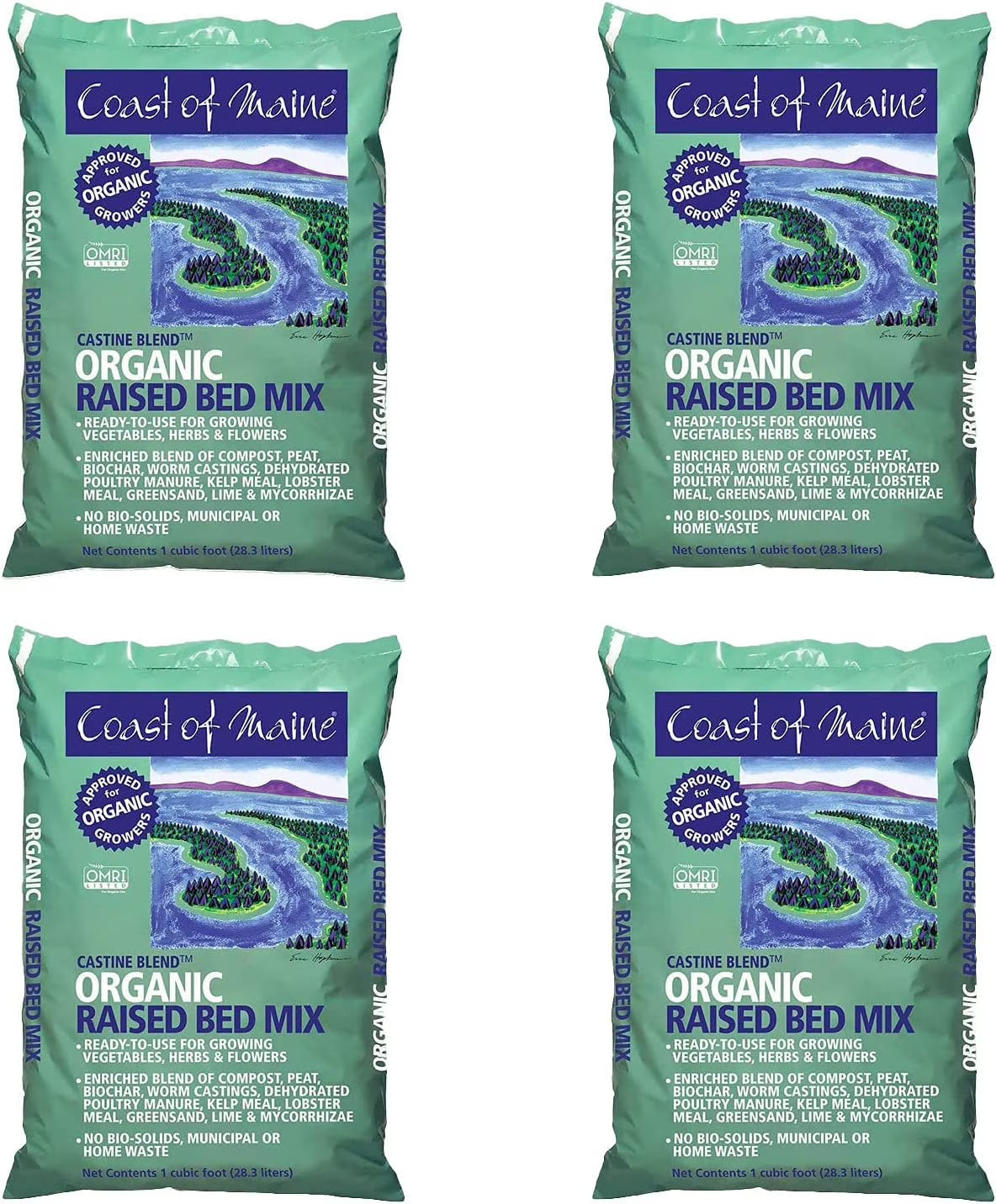 Coast of Maine Castine Blend Organic Raised Bed Soil Mix with All Natural Ingredients for Vegetables, Herbs, and Flowers, 1 Cubic Feet 4 Pack
