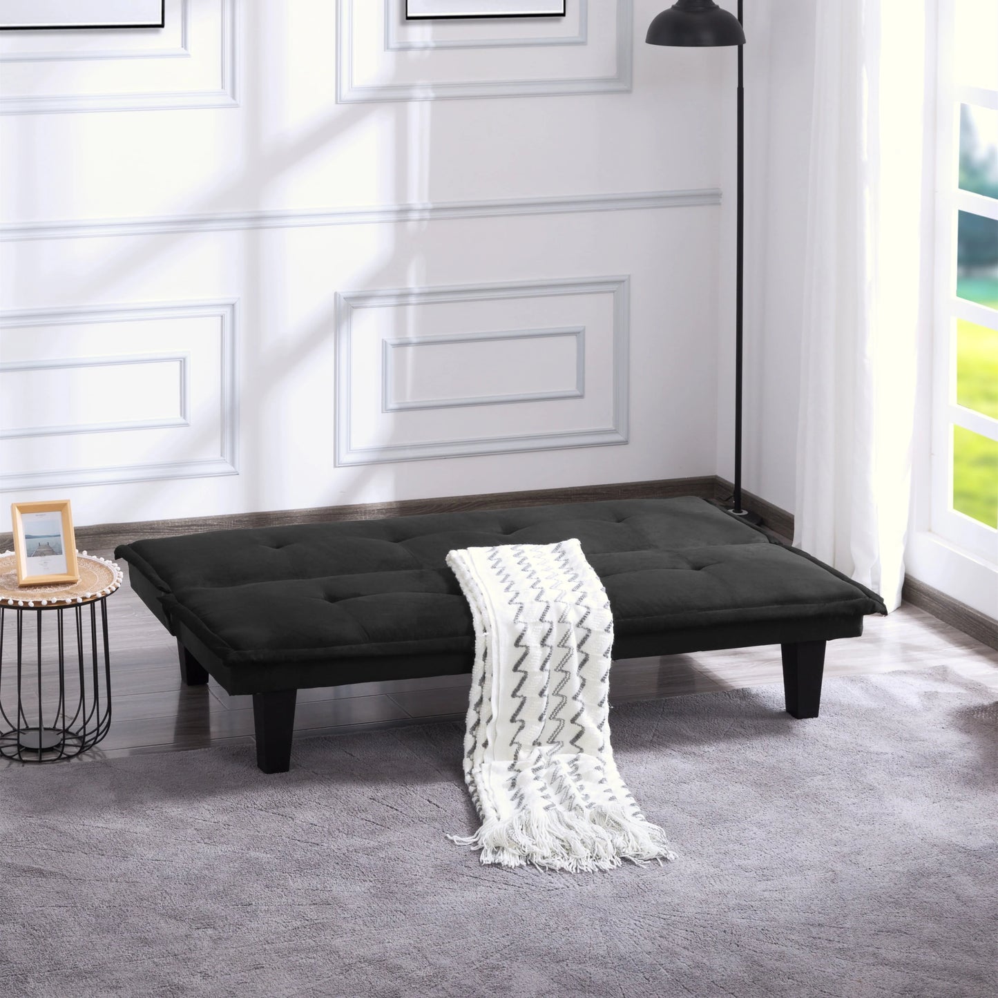 Aukfa Futon Convertible Sofa Bed for Home Office, Tufted Back, Faux Suede, Black