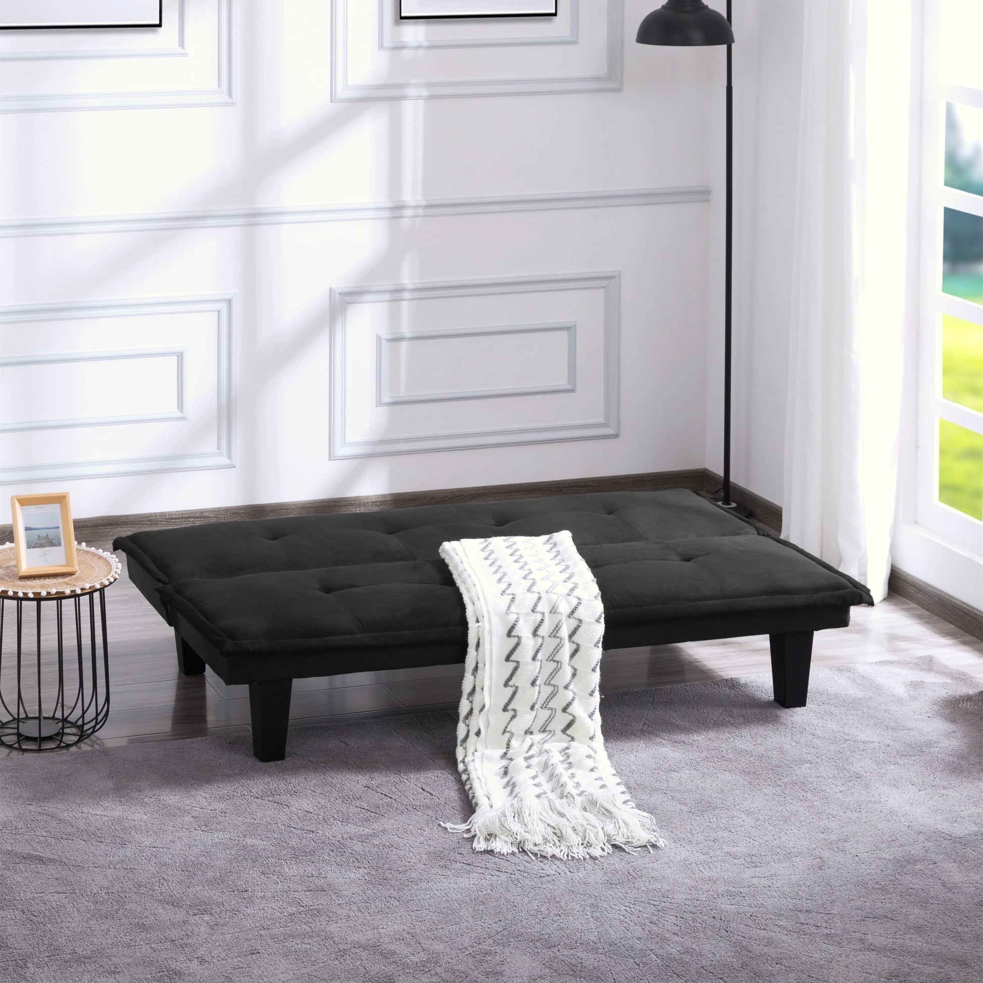 Aukfa Futon Convertible Sofa Bed for Home Office, Tufted Back, Faux Suede, Black