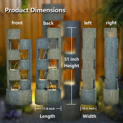 51" Outdoor Water Fountain Floor Standing Waterfalls Fountain with LED Lights for Garden, Living Room, Patio, Home Decor
