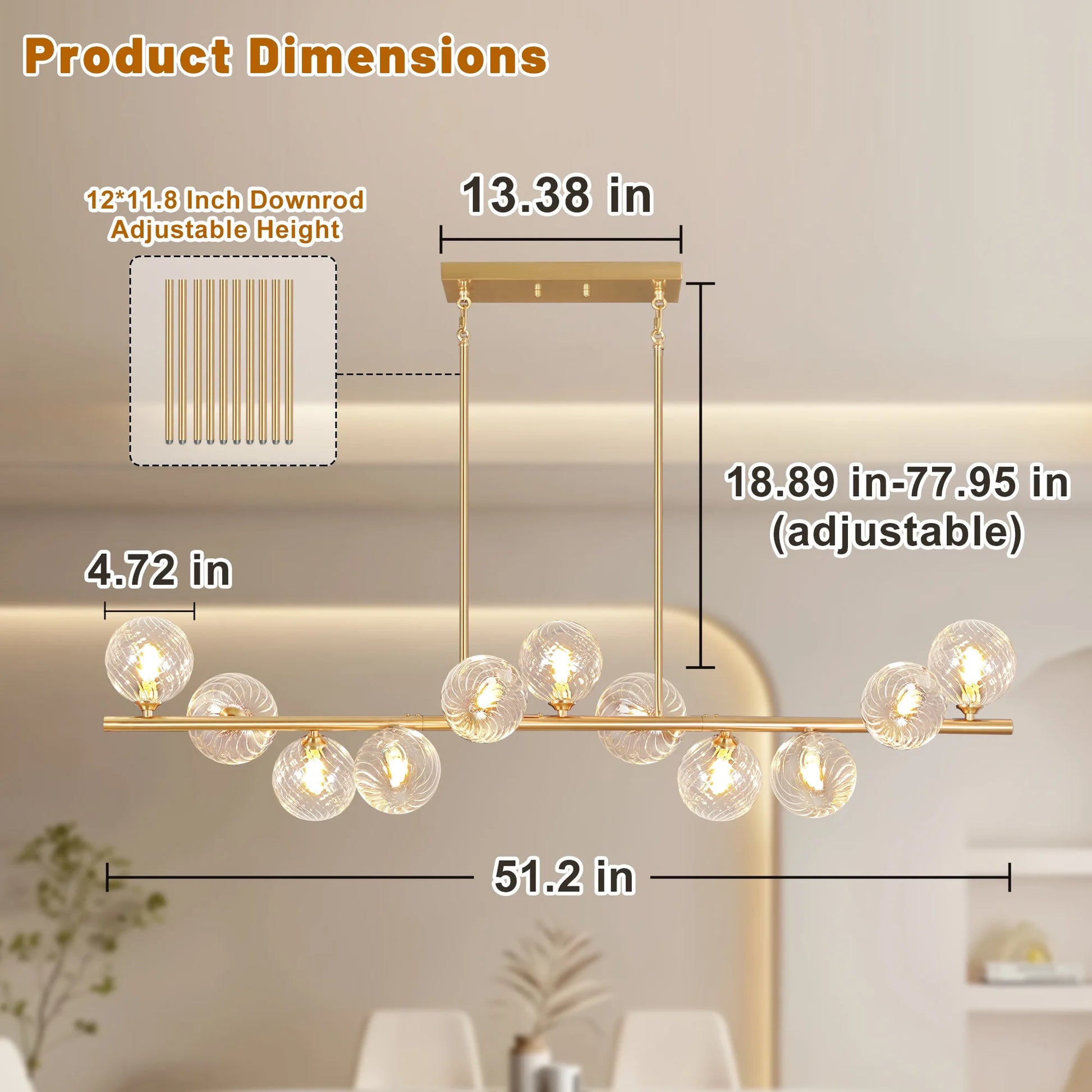 Lzawvm Dining Room Light Fixture with Swirled Glass Globe Linear Chandelier for Dining Room 11-Lights Pendant Lights Kitchen Island for Living Room Sputnik Gold 51inch