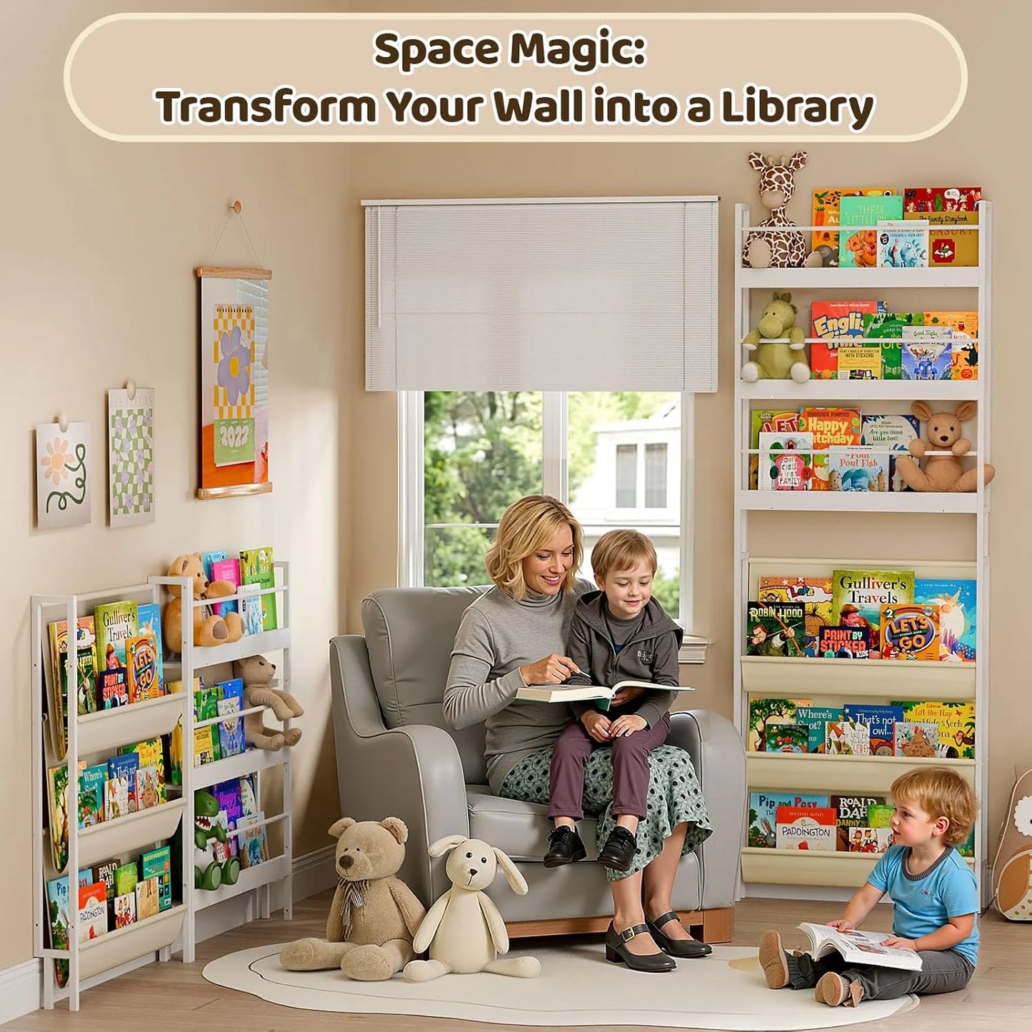 Kids Bookshelf - Wall Mounted 6-Tier Book Shelf for Kids Rooms, Behind The Door Bookshelf for Kids/Baby/Toddler, Corner Wall Book Shelf for Bedroom/Nursery, Kids Organizer for Toys and Books