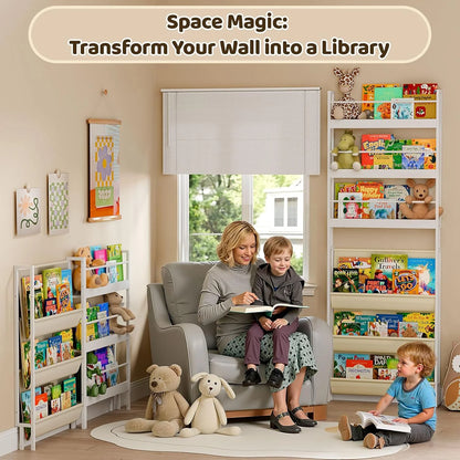 Kids Bookshelf - Wall Mounted 6-Tier Book Shelf for Kids Rooms, Behind The Door Bookshelf for Kids/Baby/Toddler, Corner Wall Book Shelf for Bedroom/Nursery, Kids Organizer for Toys and Books