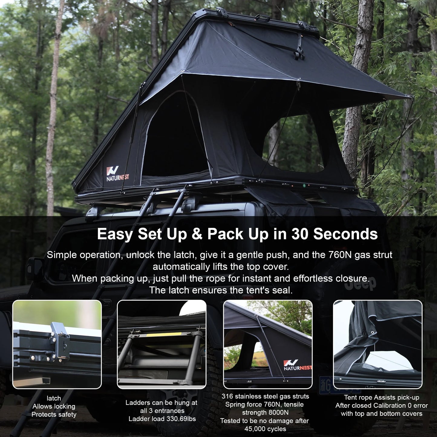 Naturnest Polaris2 Hardshell Rooftop Tent with 2 Luggage Racks, Car Roof Top Tent with AC Inlets, 3-Color LED Lights and Internal USB Plug for Vans, Jeeps, SUVs and Trucks, 2-3 Person Tent