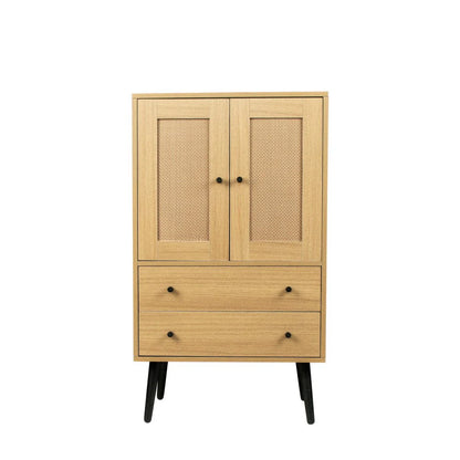 GZXS Storage Cabinet with 2 Rattan Doors & 2 Drawers, Mid Century Modern Buffet Sideboard Kitchen Cupboard for Living Room, Bedroom, Hallway, Home Office, Natural
