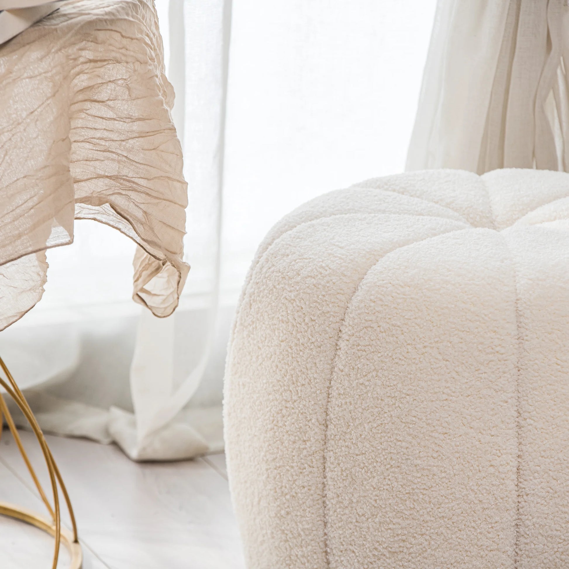 White Boucle with Stripes Pouf Vintage Style Living Room