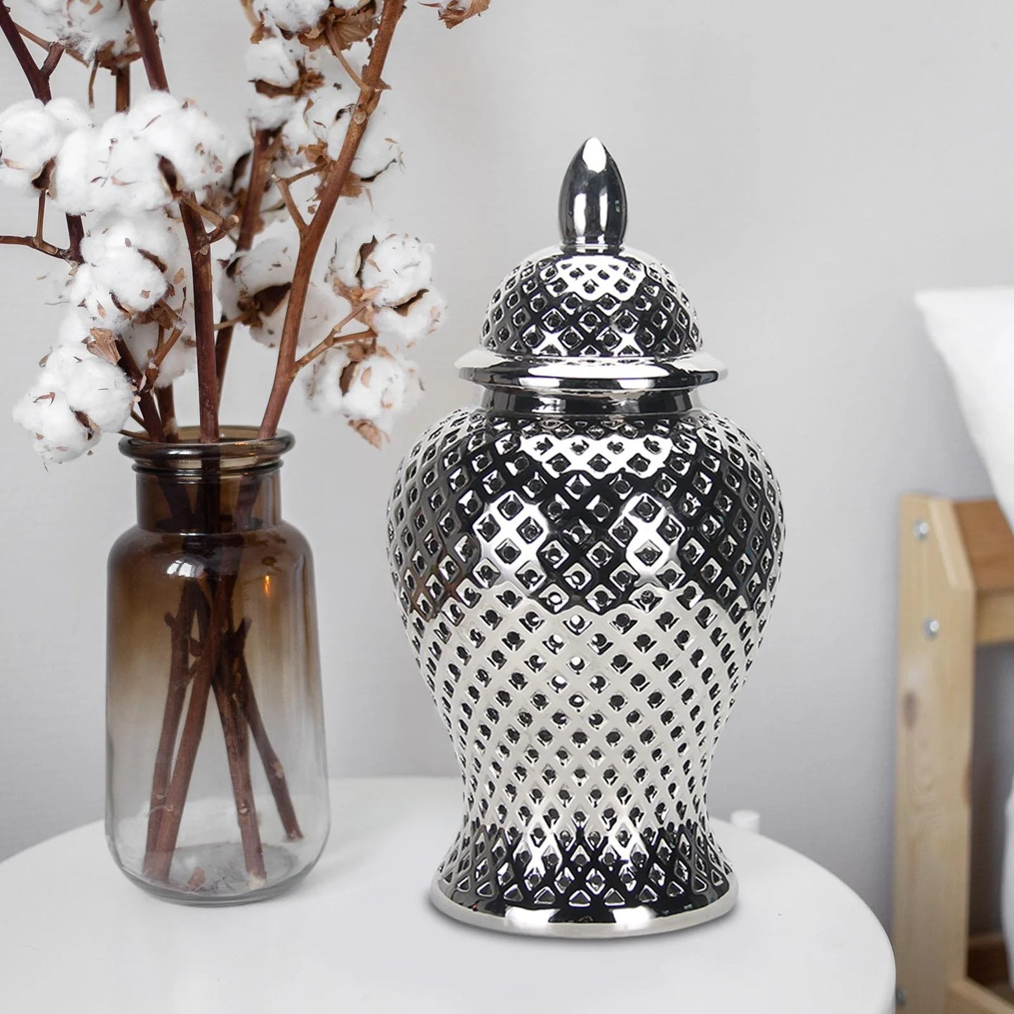 Vintage Style Ceramic Ginger Jar Dried Flower Vase Porcelain Storage Jar with