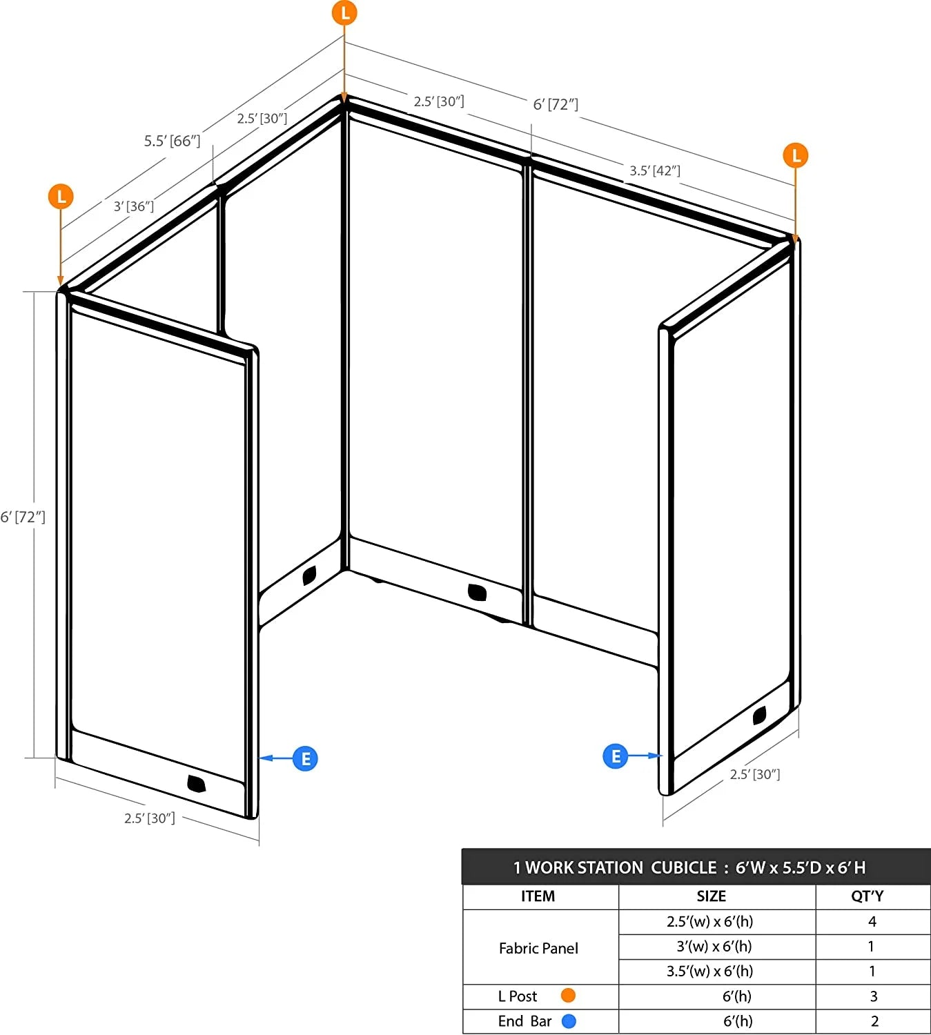 GOF 1 Person Workstation Cubicle (5.5'D x 6'W x 6'H)/Office Partition, Room Divider (72" H Cubicle Only, Grey)
