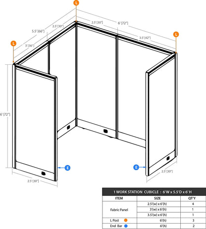 GOF 1 Person Workstation Cubicle (5.5'D x 6'W x 6'H)/Office Partition, Room Divider (72" H Cubicle Only, Grey)