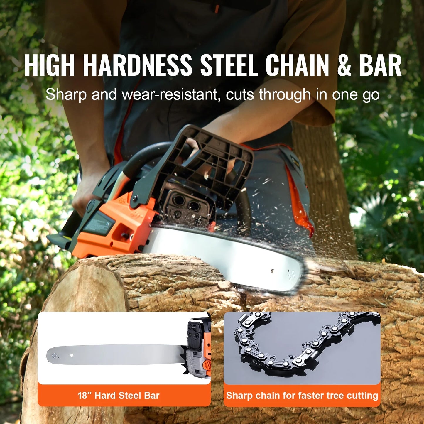KFFKFF Gas Chainsaw, 52CC, 18-inch Blade, 2.55HP, Fuel-Operated, Portable Handheld Chainsaw for Cutting Trees, Branches, Trimming, and Clearing Land in Gardens, Farms, and Forests