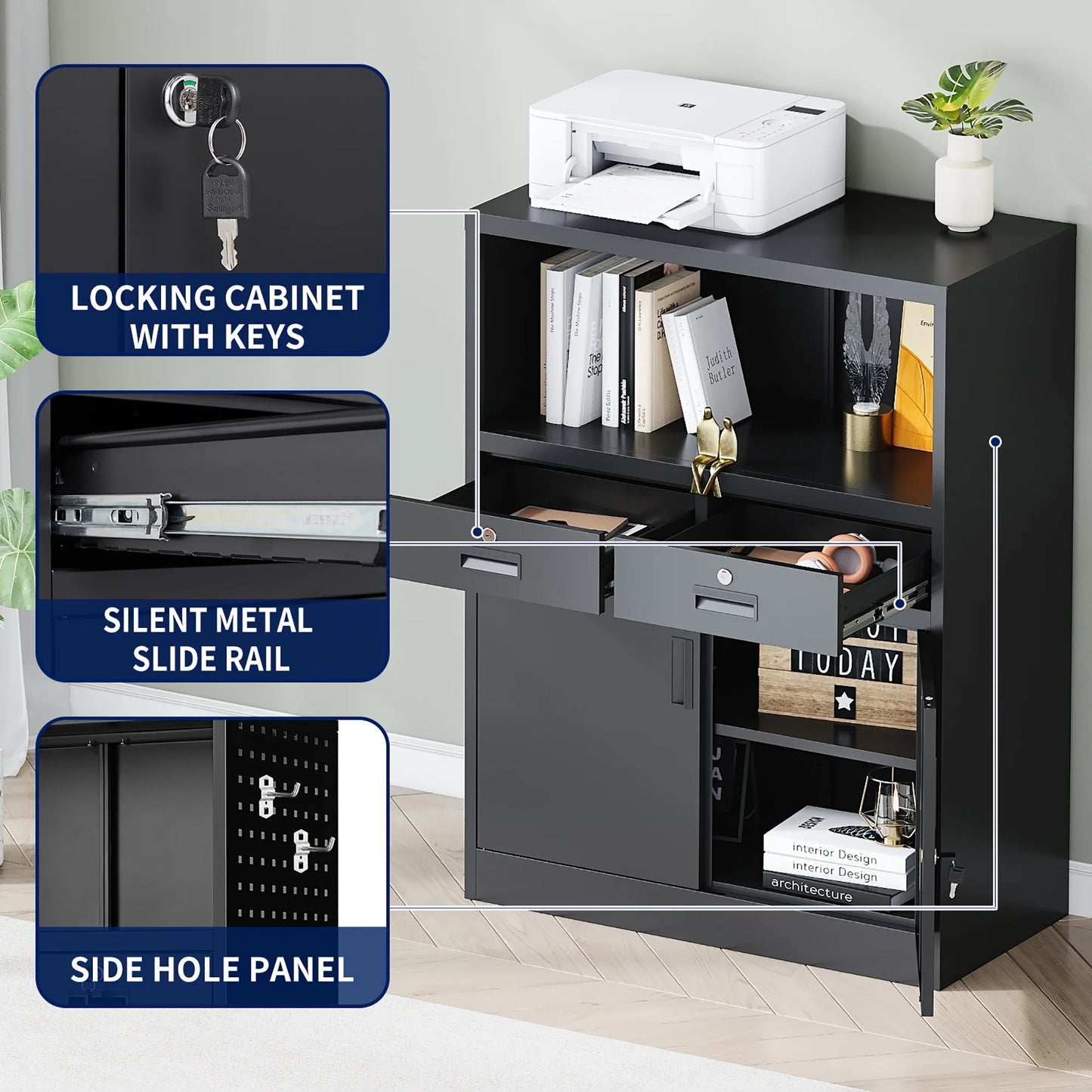 Fesbos Locking Cabinet with 2 Drawers, Metal Storage Cabinet with Locking Doors and Shelves - 41.3" Steel Lockable Storage Cabinet, Metal Cabinet for Home Office, Garage