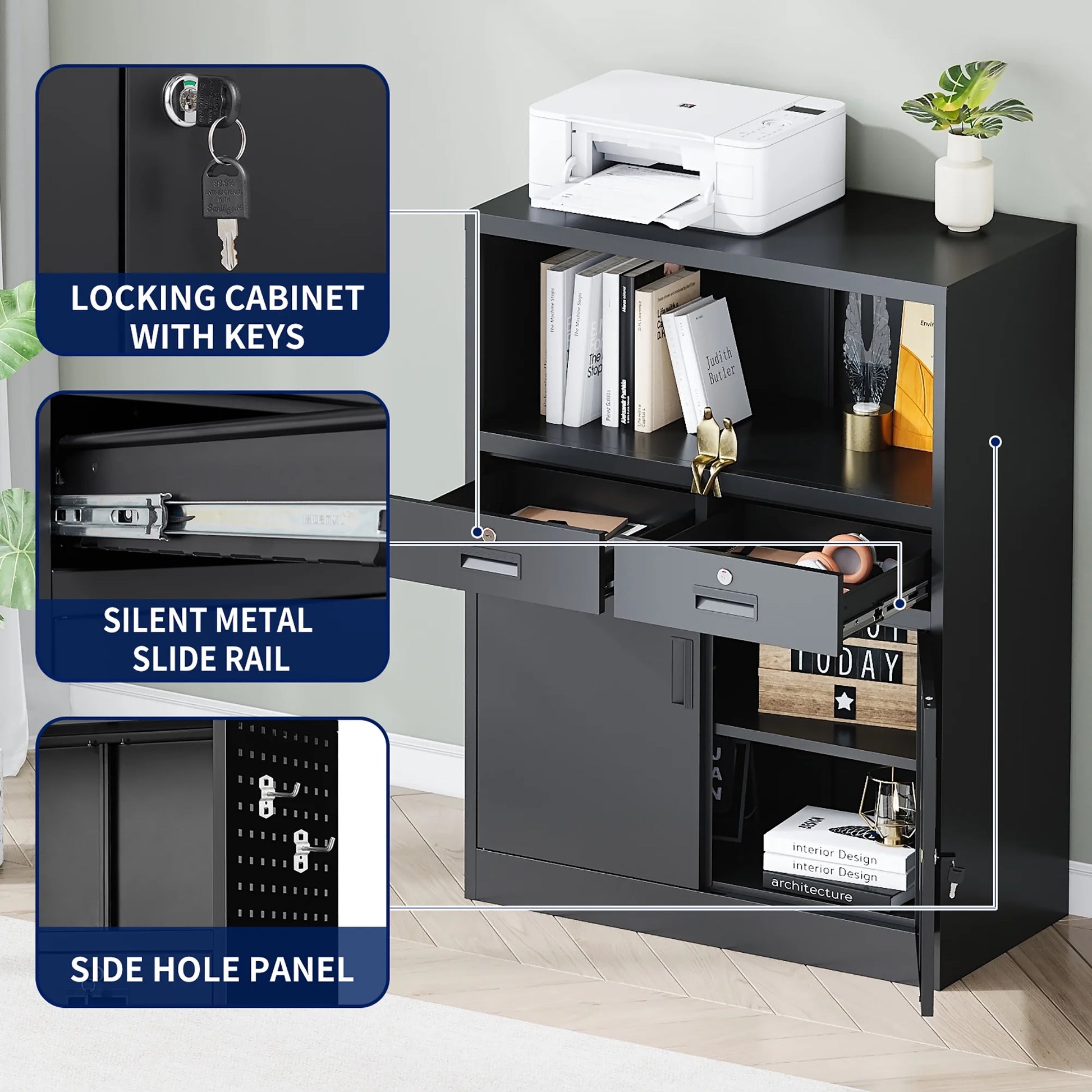 Fesbos Locking Cabinet with 2 Drawers, Metal Storage Cabinet with Locking Doors and Shelves - 41.3" Steel Lockable Storage Cabinet, Metal Cabinet for Home Office, Garage