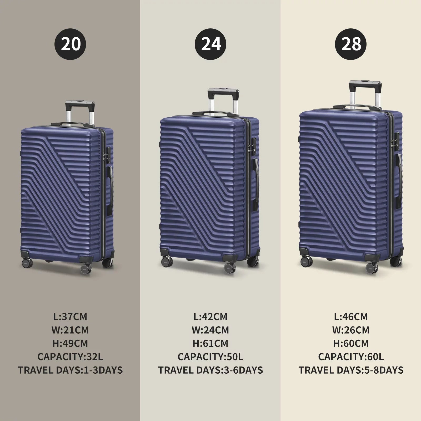 Vebreda Luggage Sets 3 Piece 20/24/28 inch Suitcase Sets Hardside Luggage Set, Navy Blue