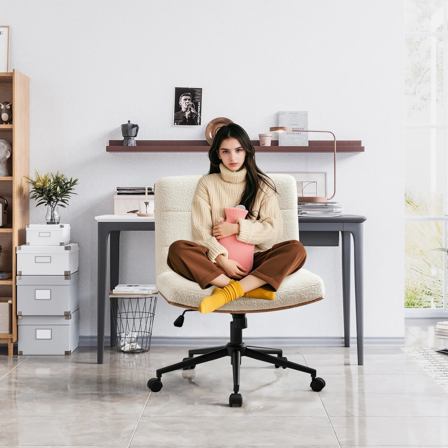 Modern Walnut Office Chair, Wide Seat Swivel Task Chair, Armless Ergonomic Chair with Wheels for Home Office, Bedroom, Ivory White