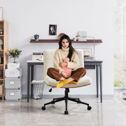 Modern Walnut Office Chair, Wide Seat Swivel Task Chair, Armless Ergonomic Chair with Wheels for Home Office, Bedroom, Ivory White