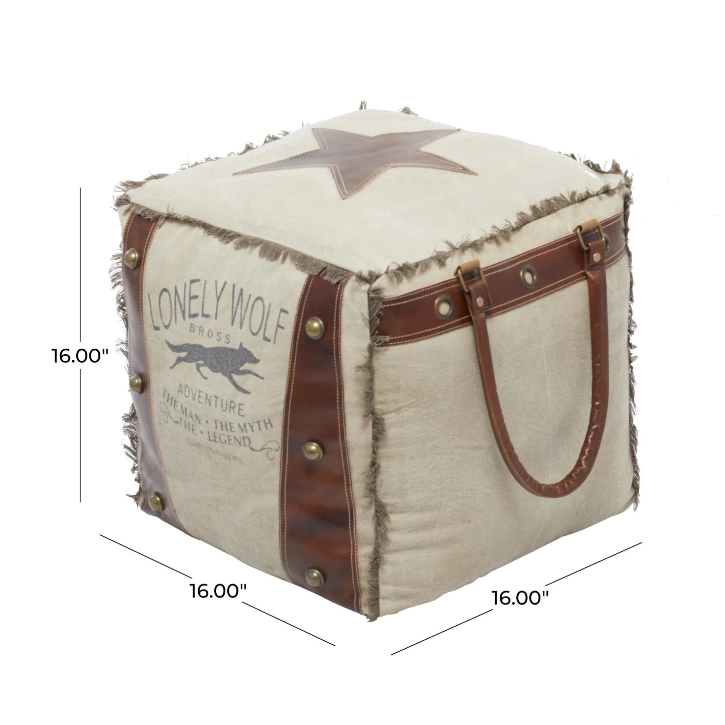 DecMode Rustic and Organic Square Ottoman Fabric Pouf features White Canvas and Brown Leather Handles with "Lonely Wolf" and Star Designs, 20"W x 19"H