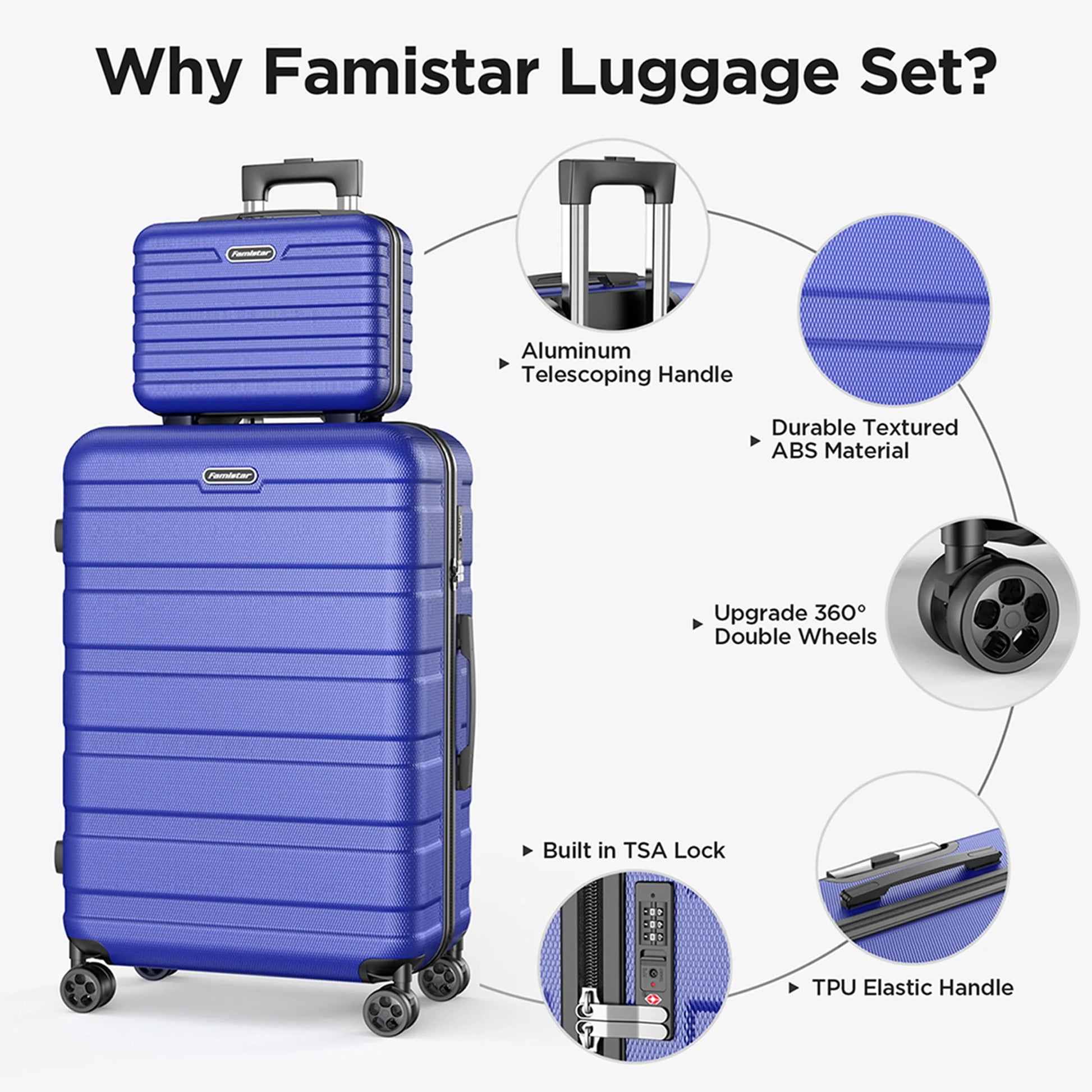 Famistar Hardside Luggage Suitcase 4 Piece Set with 360° Double Spinner Wheels Integrated TSA Lock, 14” Travel Case, 20" Carry-On Luggage, 24" Checked Luggage and 28" Checked Luggage, Blue